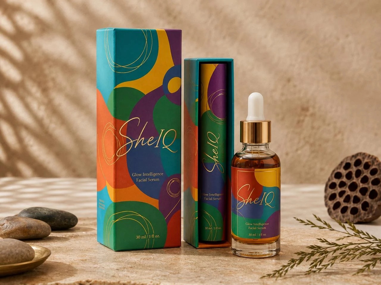 SheIQ brand packaging concept with colorful design and gold script logo, photographed on warm stone