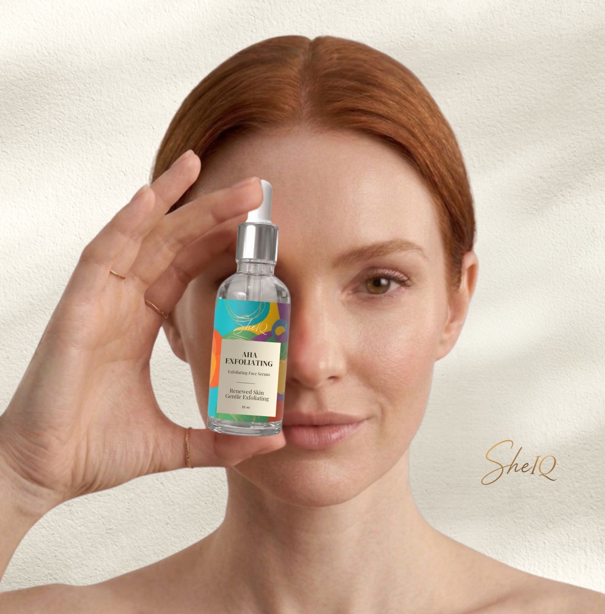 Woman holding the branded SheIQ AHA Exfoliating Serum, from the SheIQ catalog